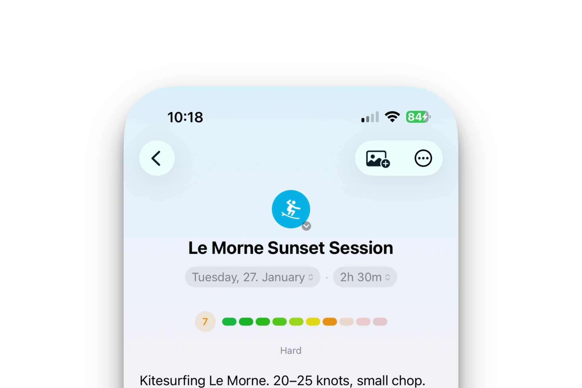 Kitesurfing workout log with effort rating and session notes