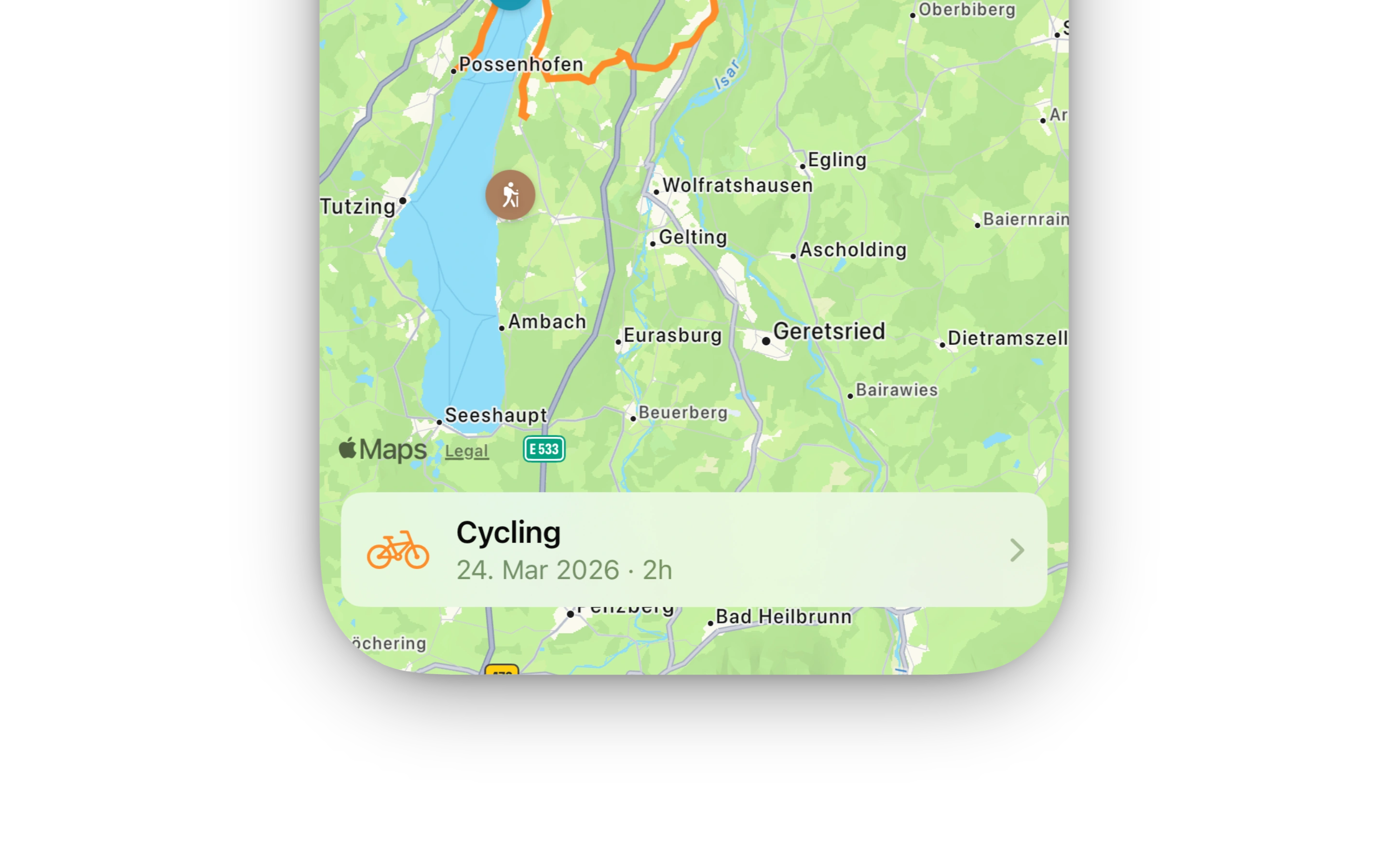 Cycling route map with workout summary showing distance and duration