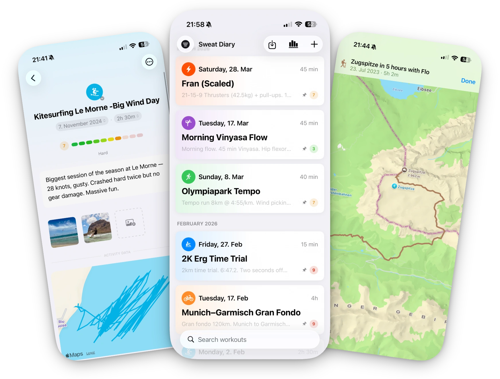 Sweat Diary on iPhone — three screens showing kitesurfing detail, workout list, and locations map