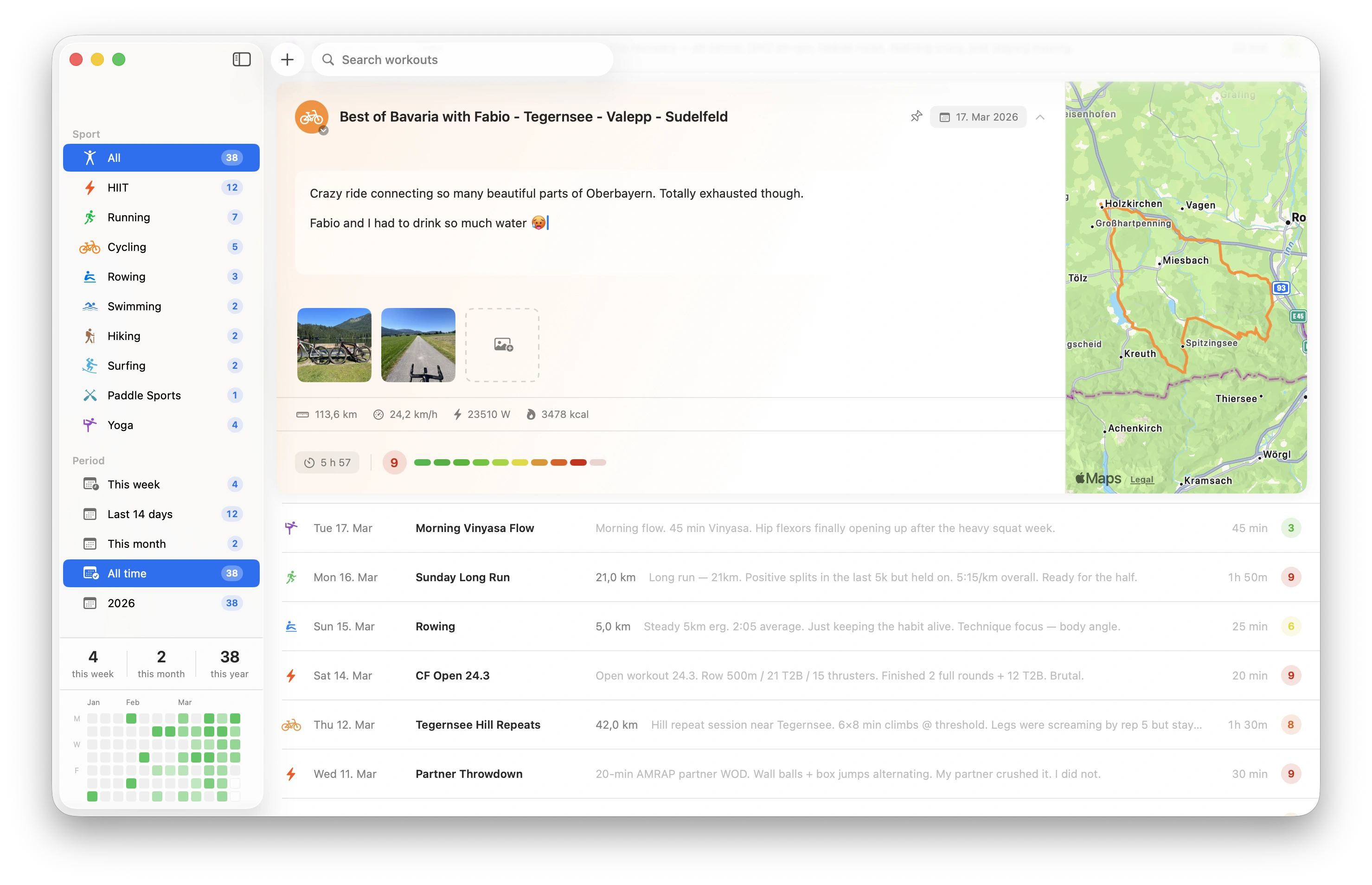 Sweat Diary on Mac — workout list with expanded running entry, map, and activity heatmap